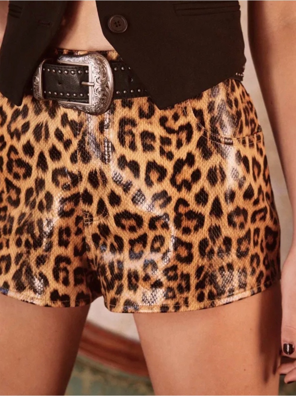Nasty Gal Leopard Print High-Rise Glossy Shorts - Black & Brown